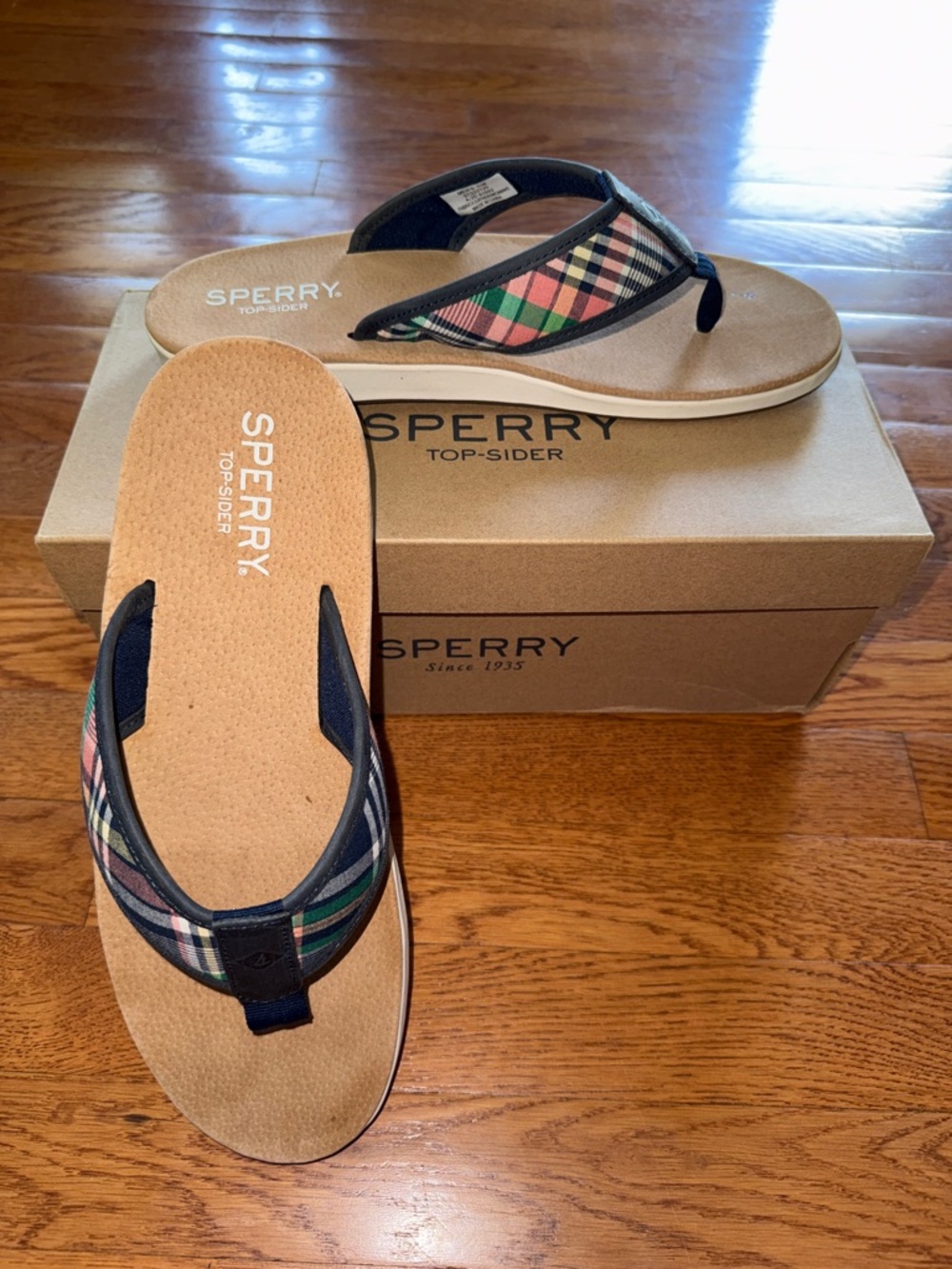 Sperry Men’s Plaid Strap Flip Flops in Tan, Navy, Green, Pink